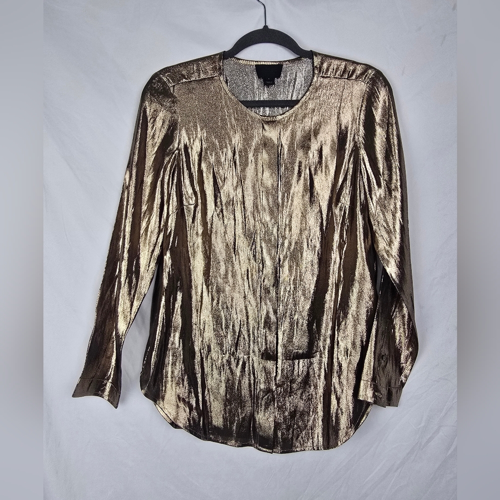 J. Crew Gold Metallic Shimmer Silk Blend Tunic Top Button-Up Blouse sz 6 NWOT